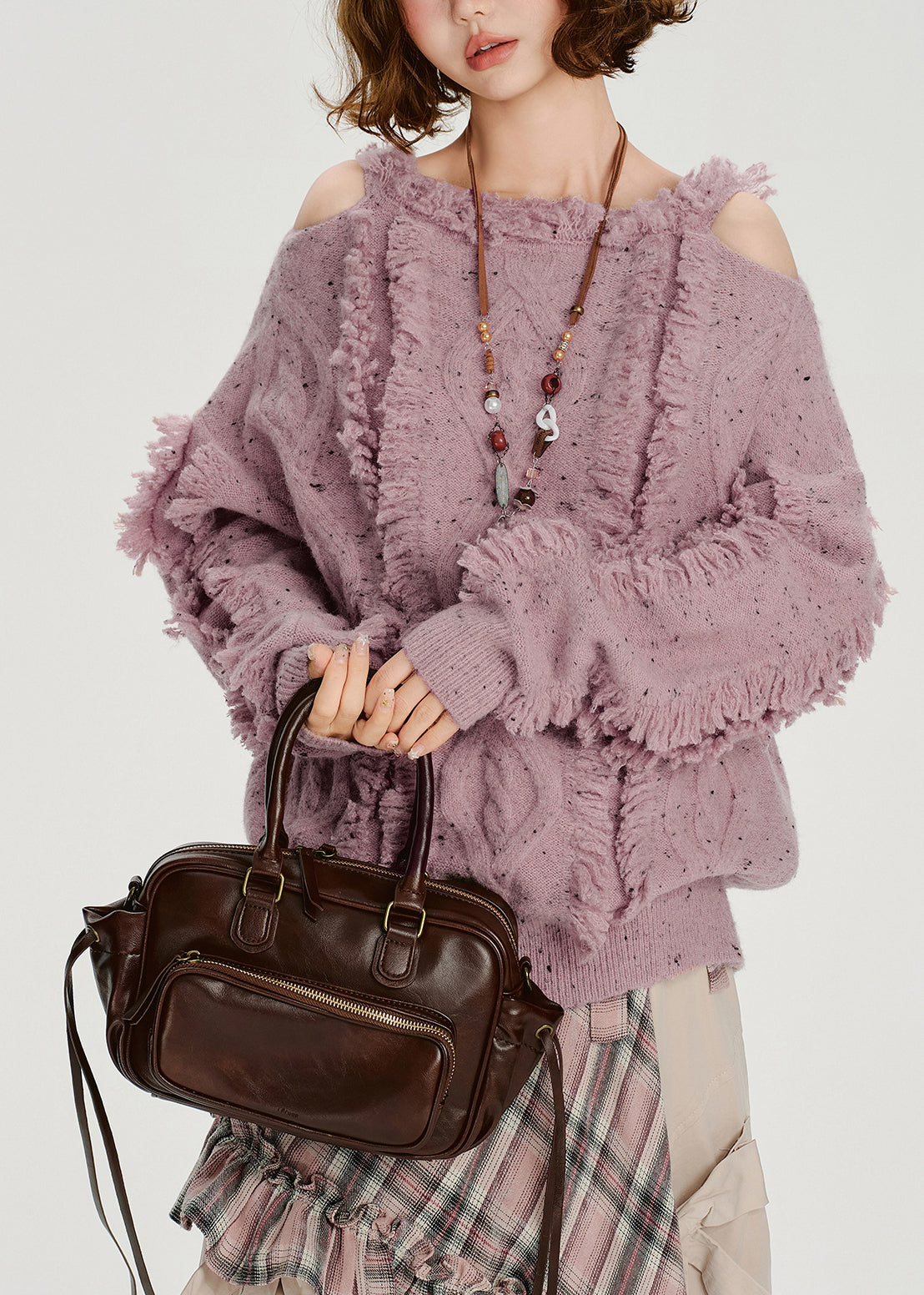 Suéter italiano morado claro con hombros descubiertos, acogedor y esponjoso, para invierno