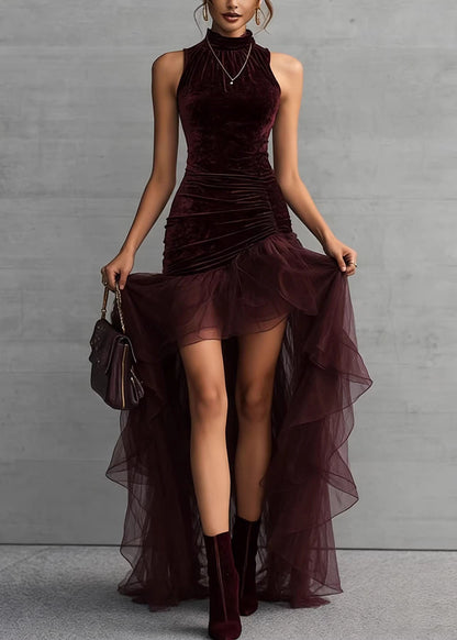 Italian Mulberry Asymmetrical Patchwork Tulle Holiday Dress Sleeveless