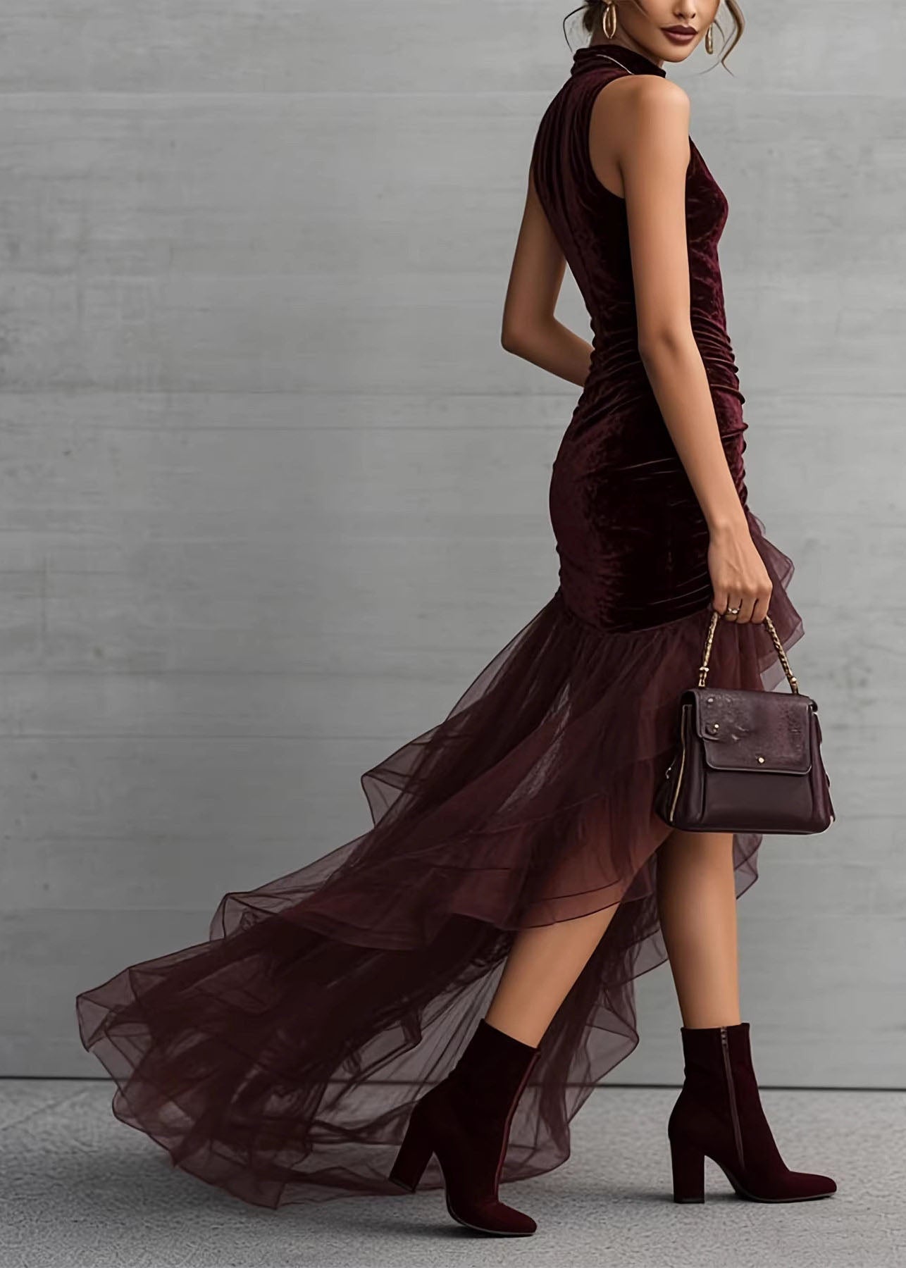 Italian Mulberry Asymmetrical Patchwork Tulle Holiday Dress Sleeveless