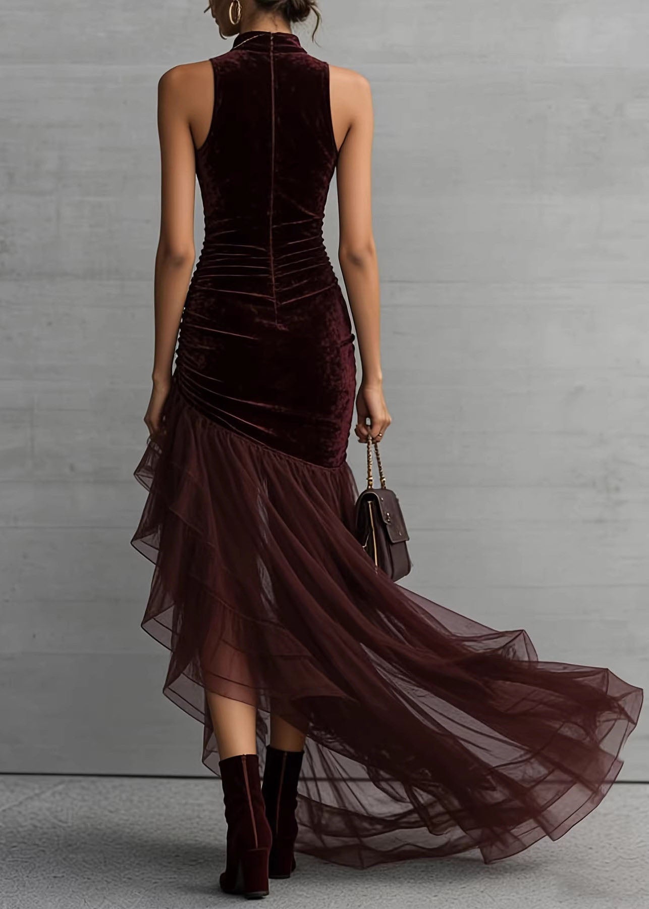 Italian Mulberry Asymmetrical Patchwork Tulle Holiday Dress Sleeveless