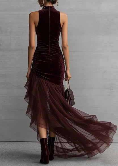 Italian Mulberry Asymmetrical Patchwork Tulle Holiday Dress Sleeveless