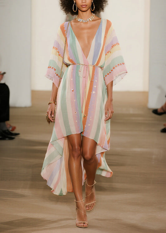 Italian Multicolored Striped Low High Design Chiffon Ankle Dress Summer