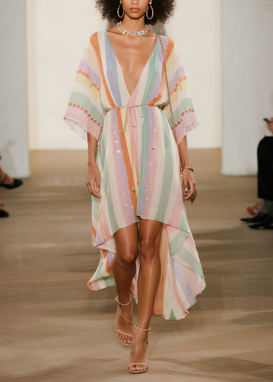 Italian Multicolored Striped Low High Design Chiffon Ankle Dress Summer