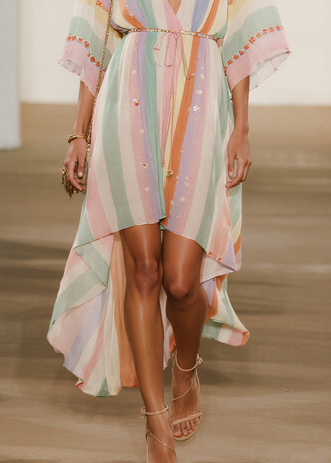 Italian Multicolored Striped Low High Design Chiffon Ankle Dress Summer