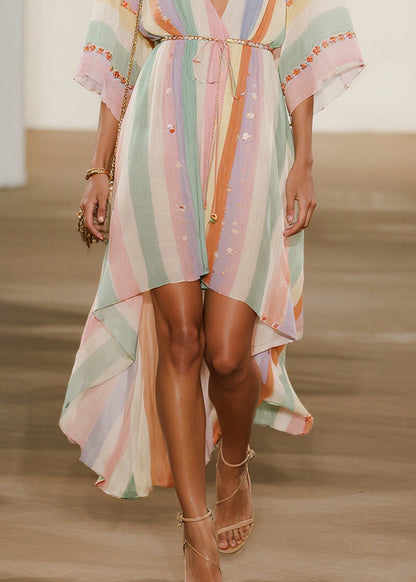 Italian Multicolored Striped Low High Design Chiffon Ankle Dress Summer