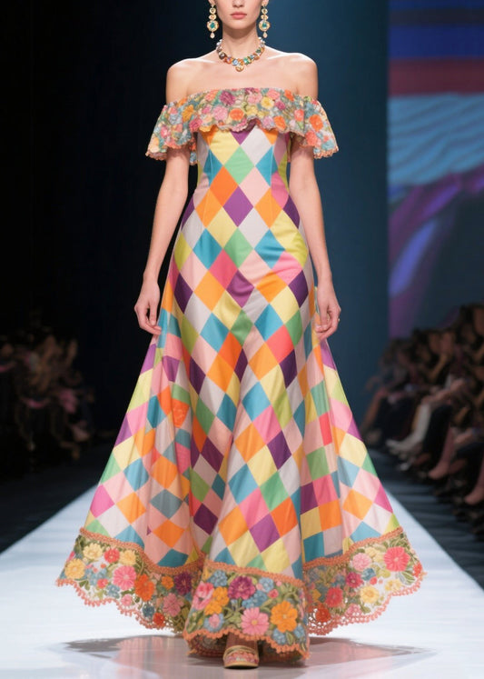 Italian Multicolour Plaid Patchwork Flower Silk Strapless Dress Summer