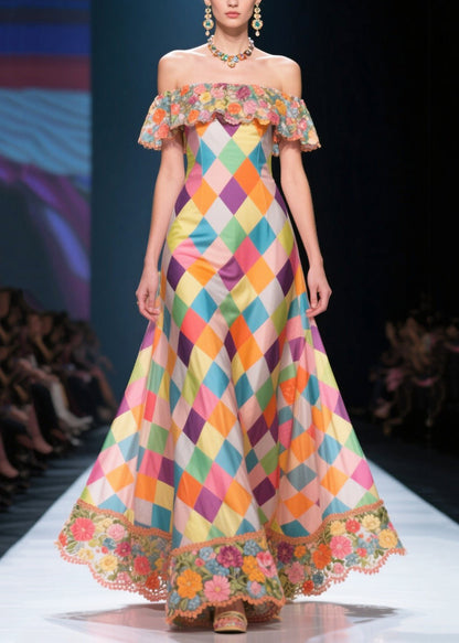 Italian Multicolour Plaid Patchwork Flower Silk Strapless Dress Summer