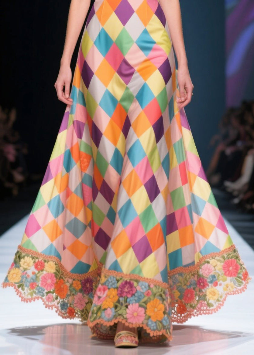Italian Multicolour Plaid Patchwork Flower Silk Strapless Dress Summer