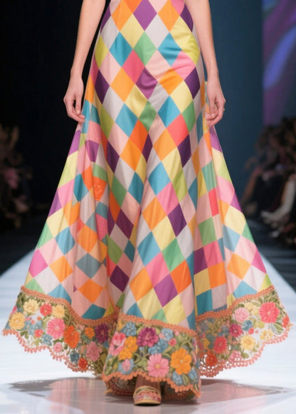Italian Multicolour Plaid Patchwork Flower Silk Strapless Dress Summer