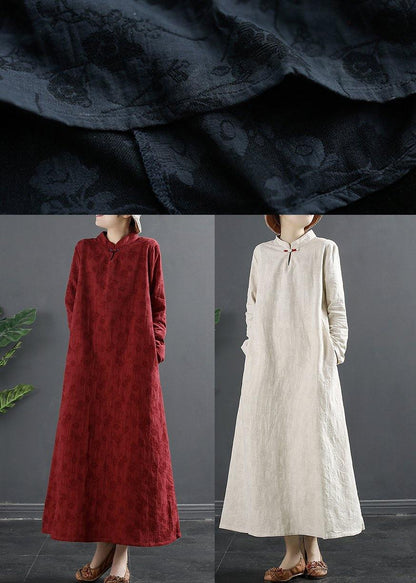 Italian Navy Embroidery Long Stand Collar Vestidos De Lino Dresses - SooLinen