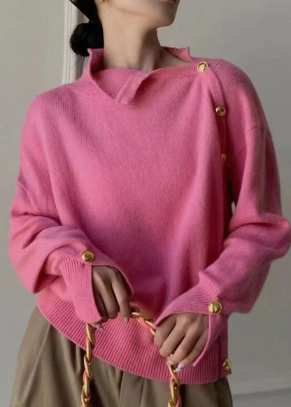 Italienischer Marine-Strickpullover mit hohem Kragen und goldenen Knöpfen, Winter