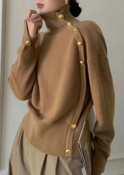 Italienischer Marine-Strickpullover mit hohem Kragen und goldenen Knöpfen, Winter