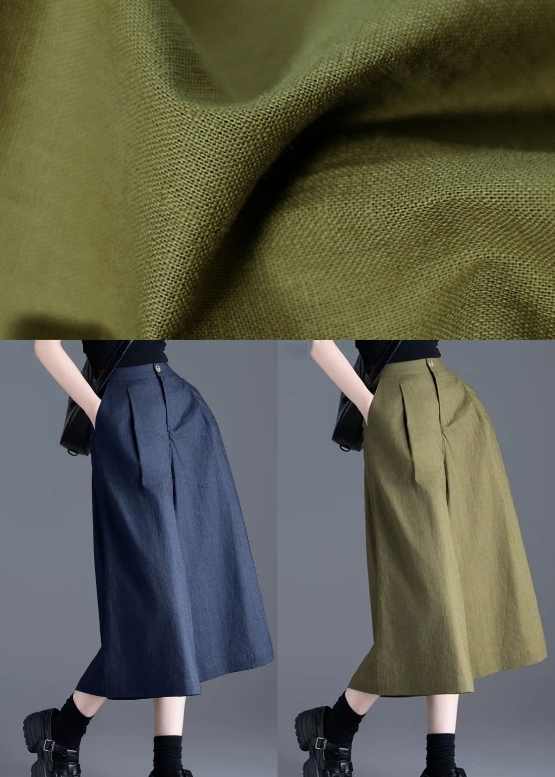 Italian Navy High Waist Linen Crop Pants Skirts Summer