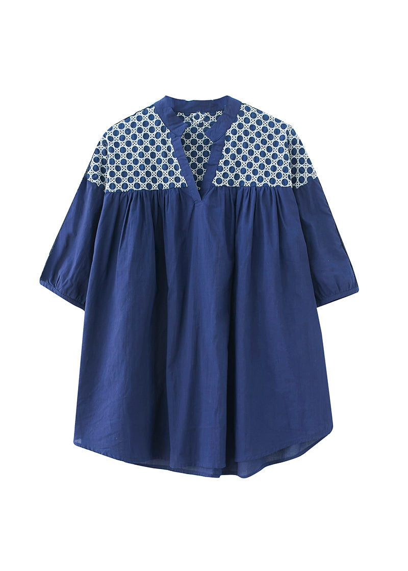 Italienische Marineblaue, ausgehöhlte, bestickte Patchwork-Oberteile mit kurzen Ärmeln