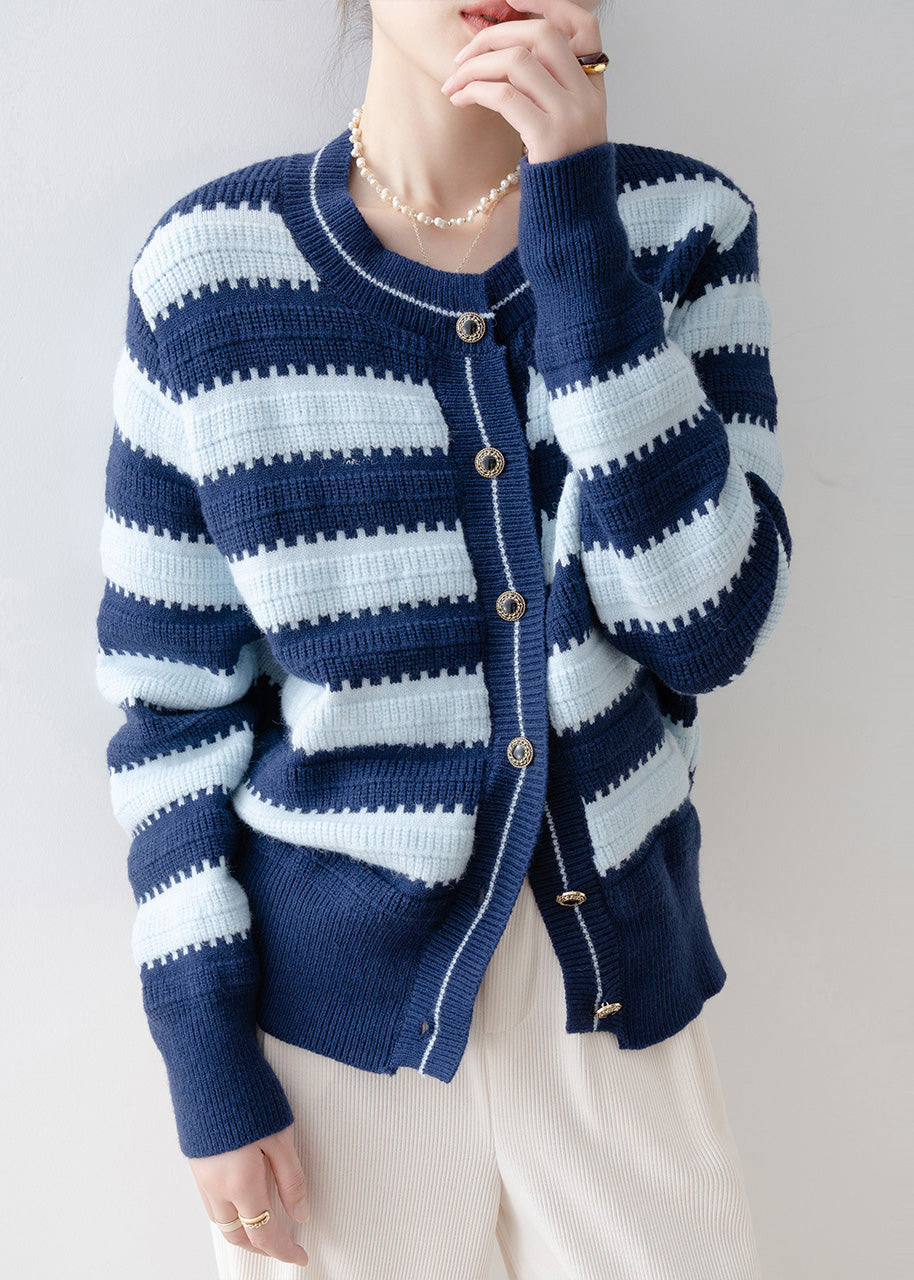 Italian Navy Oversized Striped Knit Cardigans Winter