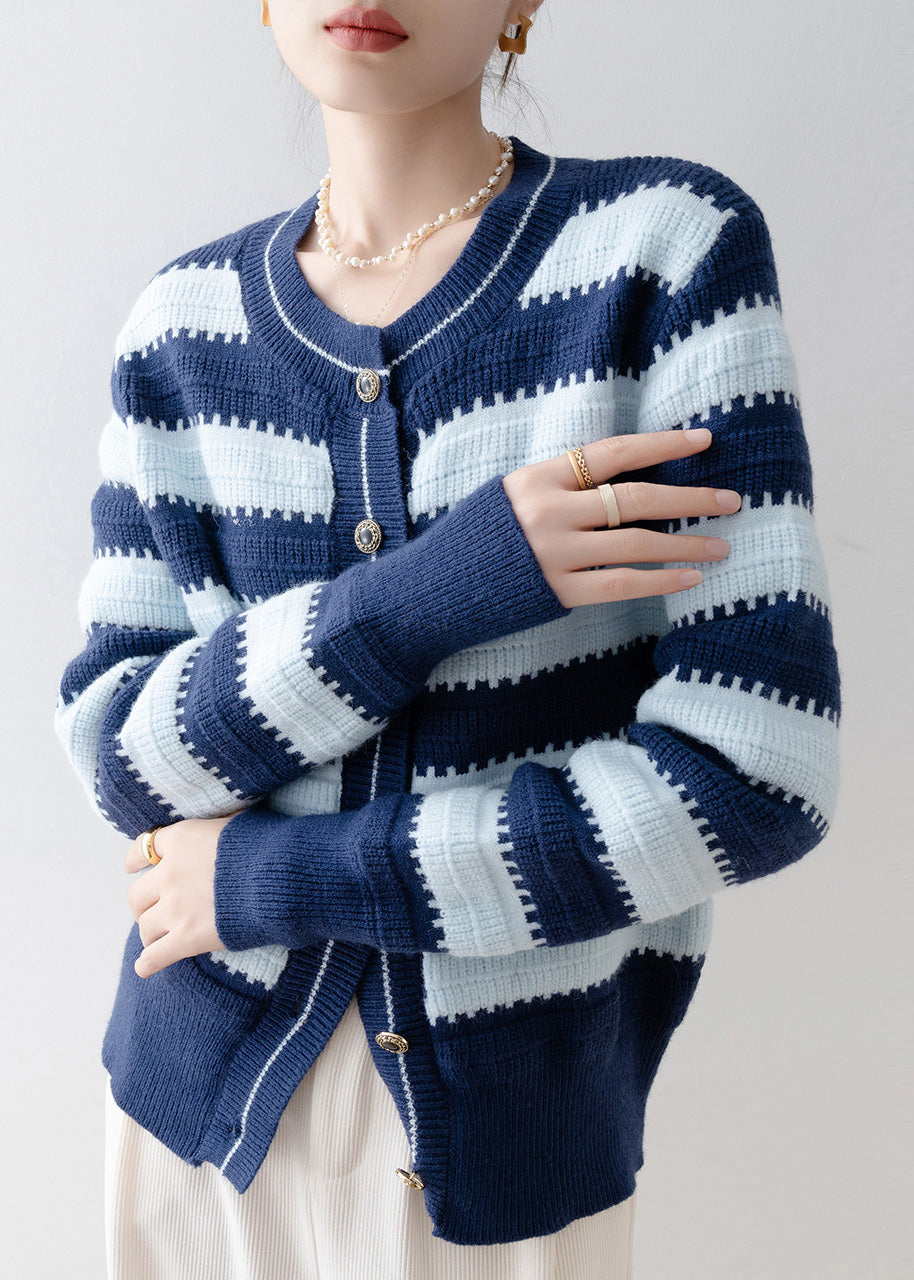 Italian Navy Oversized Striped Knit Cardigans Winter