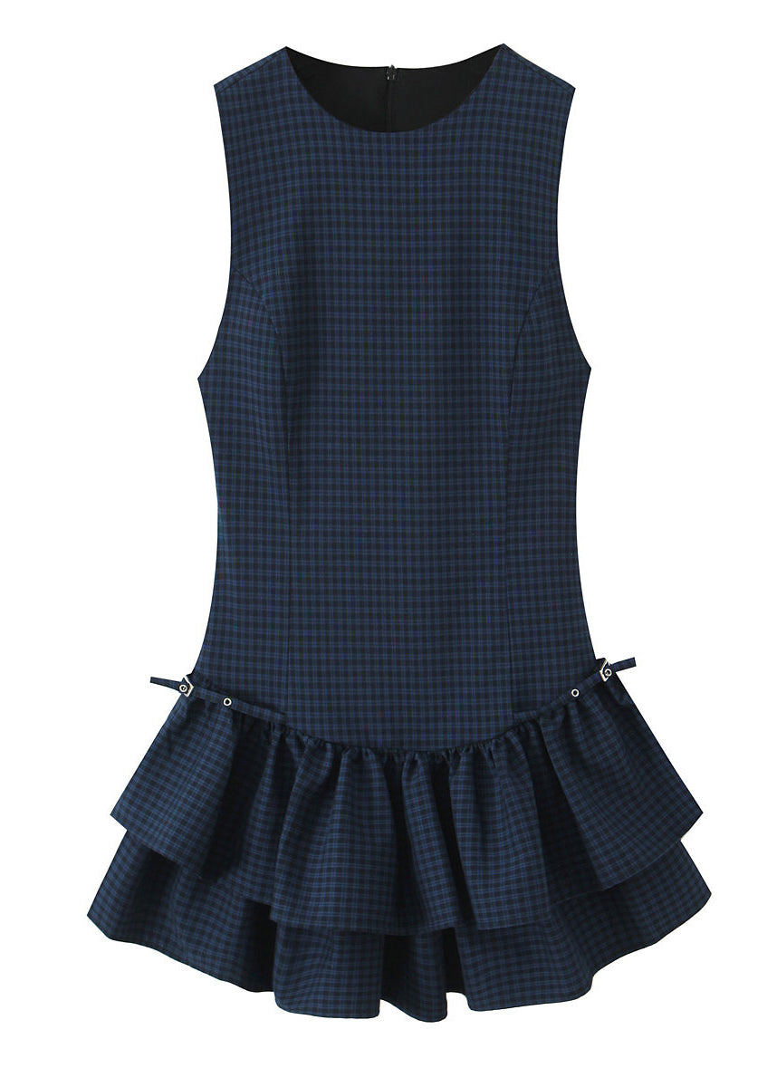 Italian Navy Plaid Layered Cotton Mini Dress Summer