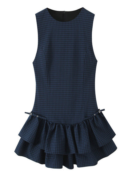 Italian Navy Plaid Layered Cotton Mini Dress Summer