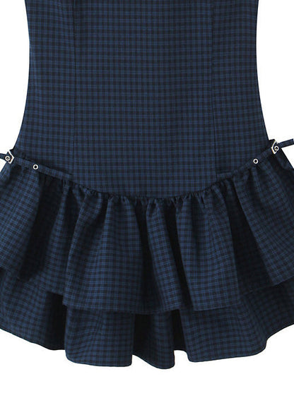 Italian Navy Plaid Layered Cotton Mini Dress Summer