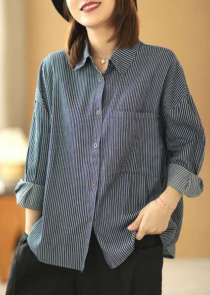 Italian Navy Striped PeterPan Collar Button Pockets Fall Top Long sleeve - SooLinen
