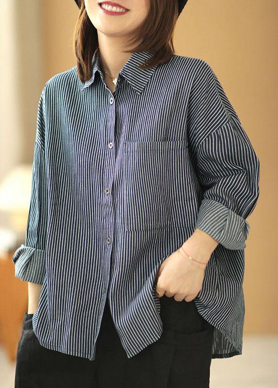 Italian Navy Striped PeterPan Collar Button Pockets Fall Top Long sleeve - SooLinen