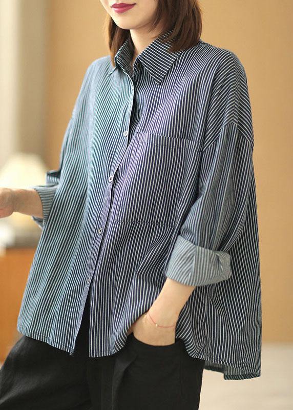 Italian Navy Striped PeterPan Collar Button Pockets Fall Top Long sleeve - SooLinen