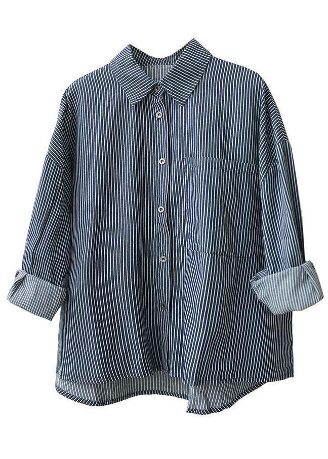 Italian Navy Striped PeterPan Collar Button Pockets Fall Top Long sleeve - SooLinen
