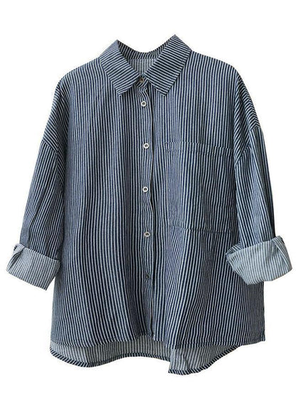 Italian Navy Striped PeterPan Collar Button Pockets Fall Top Long sleeve - SooLinen