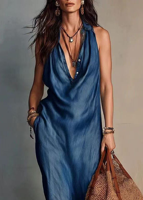 Italian Navy V Neck Holiday Dresses Sleeveless