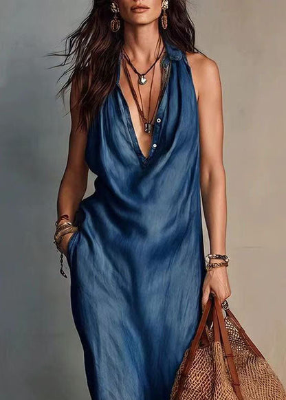 Italian Navy V Neck Holiday Dresses Sleeveless