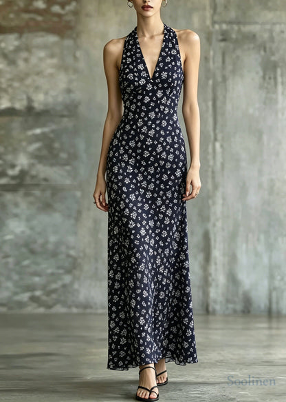Italian Navy V Neck Print Chiffon Holiday Dresses Sleeveless