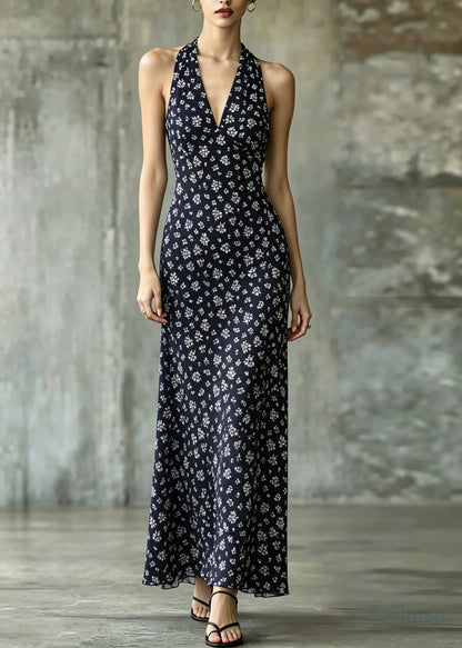 Italian Navy V Neck Print Chiffon Holiday Dresses Sleeveless