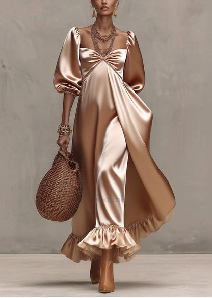 Italian Nude Exra Large Hem Draping Silk Dress Lantern Sleeve