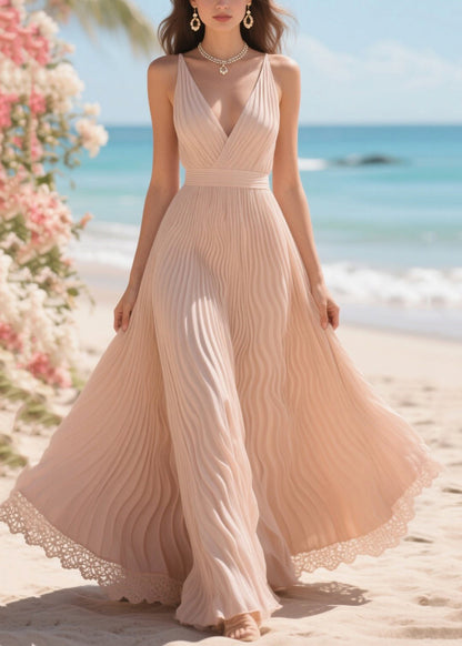 Italian Nude Exra Large Hem Patchwork Lace Chiffon Cami Dresses Summer