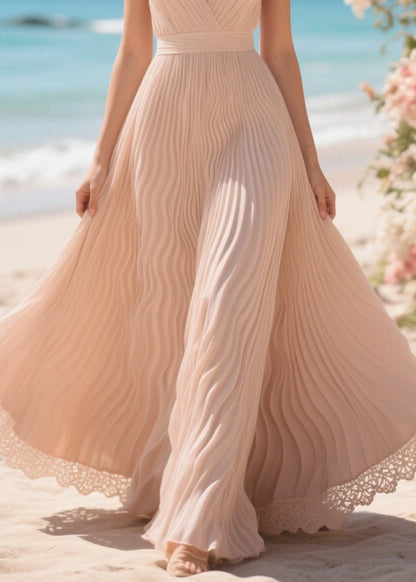 Italian Nude Exra Large Hem Patchwork Lace Chiffon Cami Dresses Summer