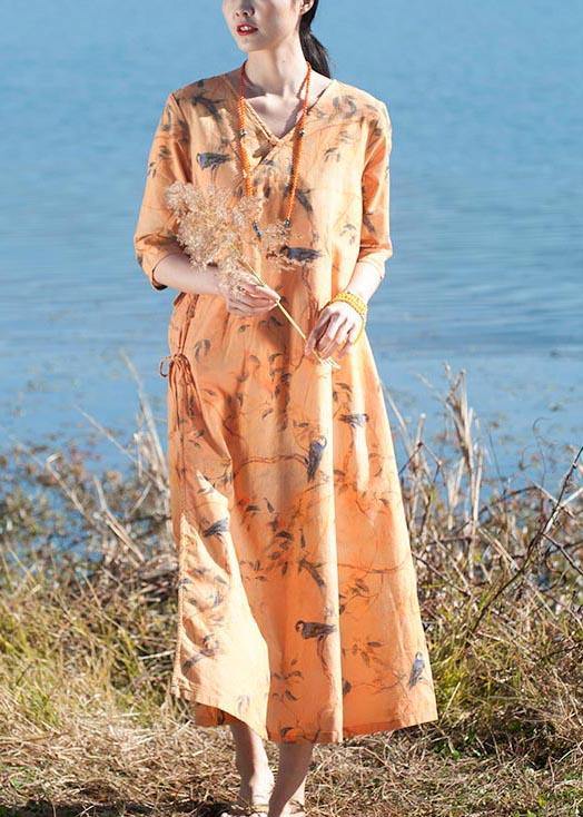 Italian O Neck Half Sleeve Dress Yellow Flower And Bird Print Maxi Dress - SooLinen