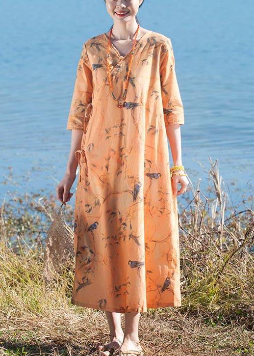 Italian O Neck Half Sleeve Dress Yellow Flower And Bird Print Maxi Dress - SooLinen