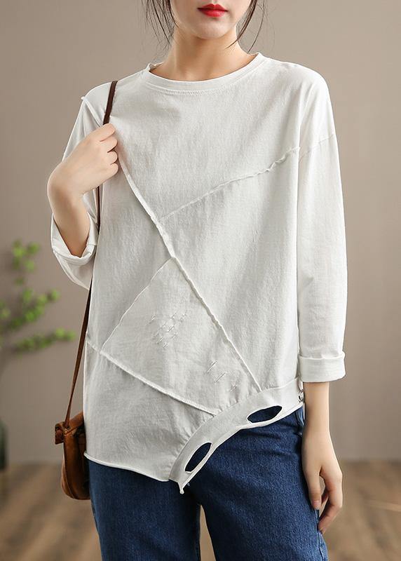 Italian O Neck Hole Spring Tops Women Blouses Cotton White Tops - SooLinen
