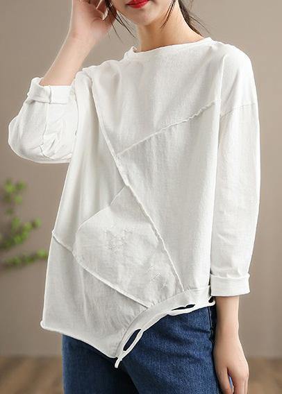 Italian O Neck Hole Spring Tops Women Blouses Cotton White Tops - SooLinen