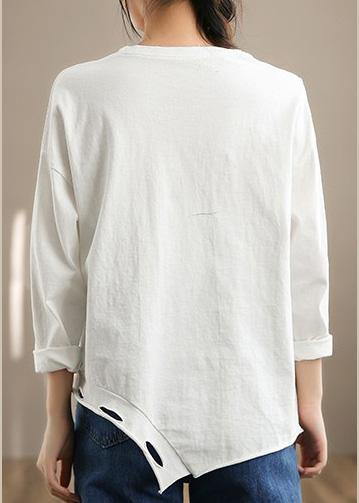 Italian O Neck Hole Spring Tops Women Blouses Cotton White Tops - SooLinen