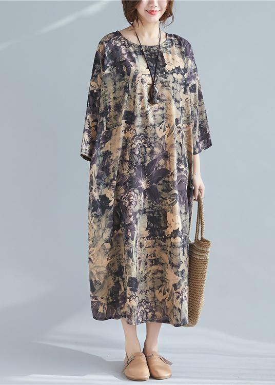 Italian O Neck Pockets Spring Tunics Shape Print  Dresses - SooLinen