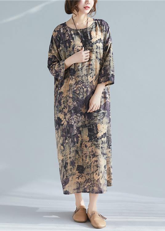 Italian O Neck Pockets Spring Tunics Shape Print  Dresses - SooLinen