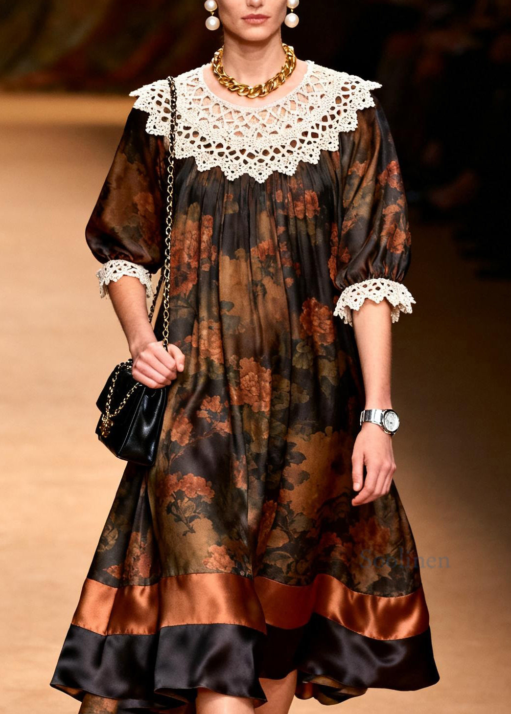 Italian O-Neck Print Lace Patchwork Silk Dress Summer