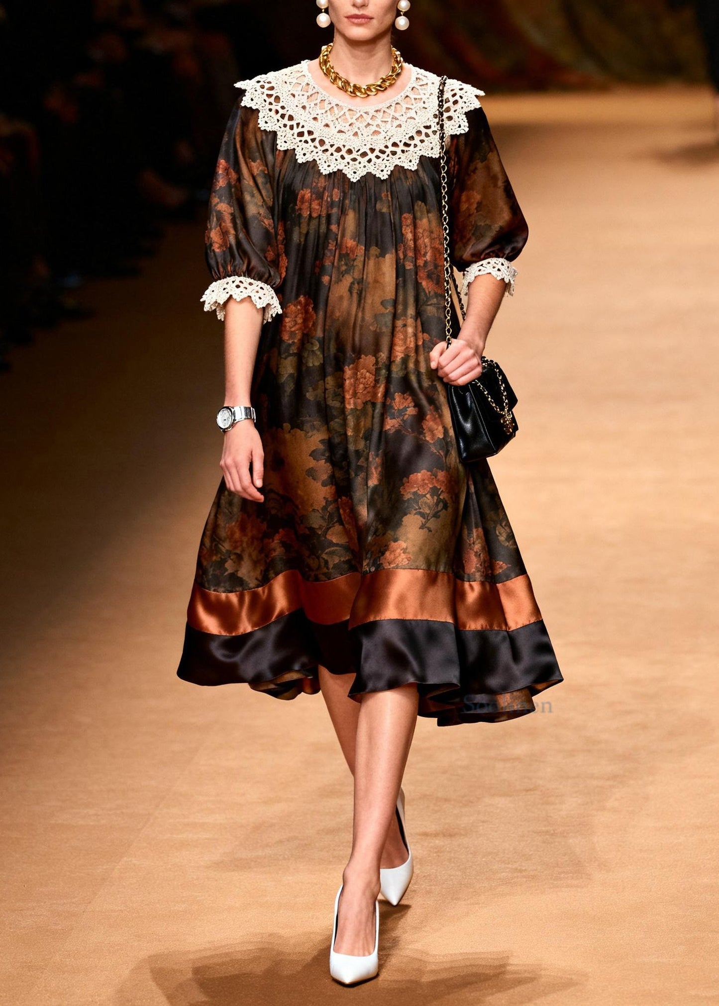 Italian O-Neck Print Lace Patchwork Silk Dress Summer