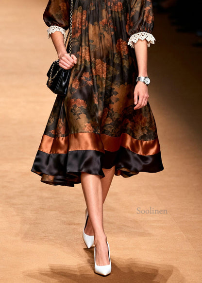 Italian O-Neck Print Lace Patchwork Silk Dress Summer