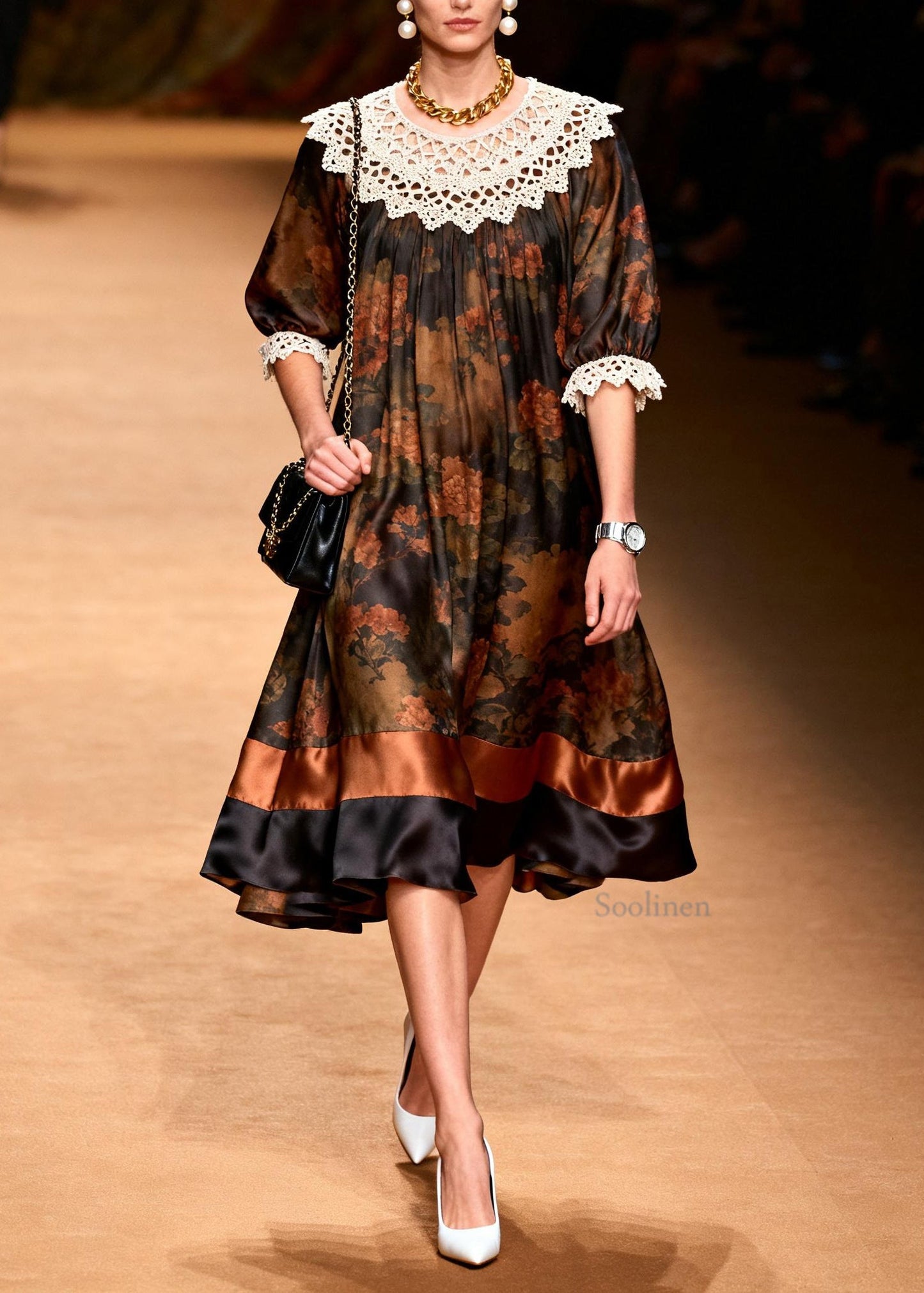 Italian O-Neck Print Lace Patchwork Silk Dress Summer