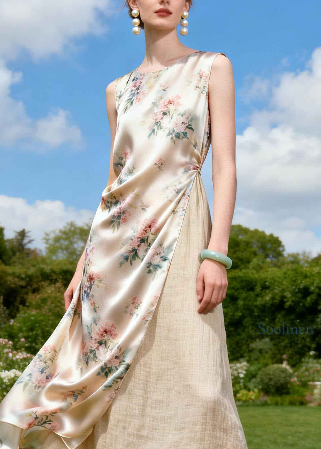 Italian O Neck Print Patchwork Linen Silk Dress Sleeveless