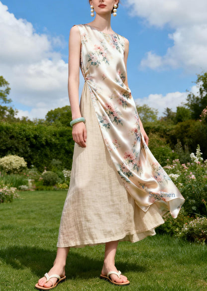 Italian O Neck Print Patchwork Linen Silk Dress Sleeveless