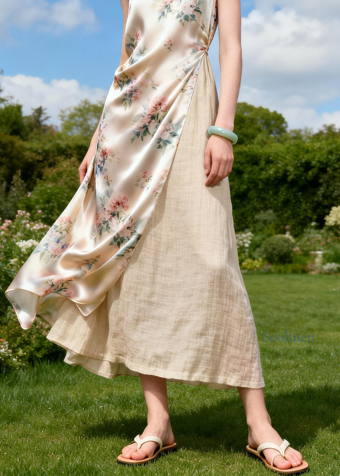 Italian O Neck Print Patchwork Linen Silk Dress Sleeveless