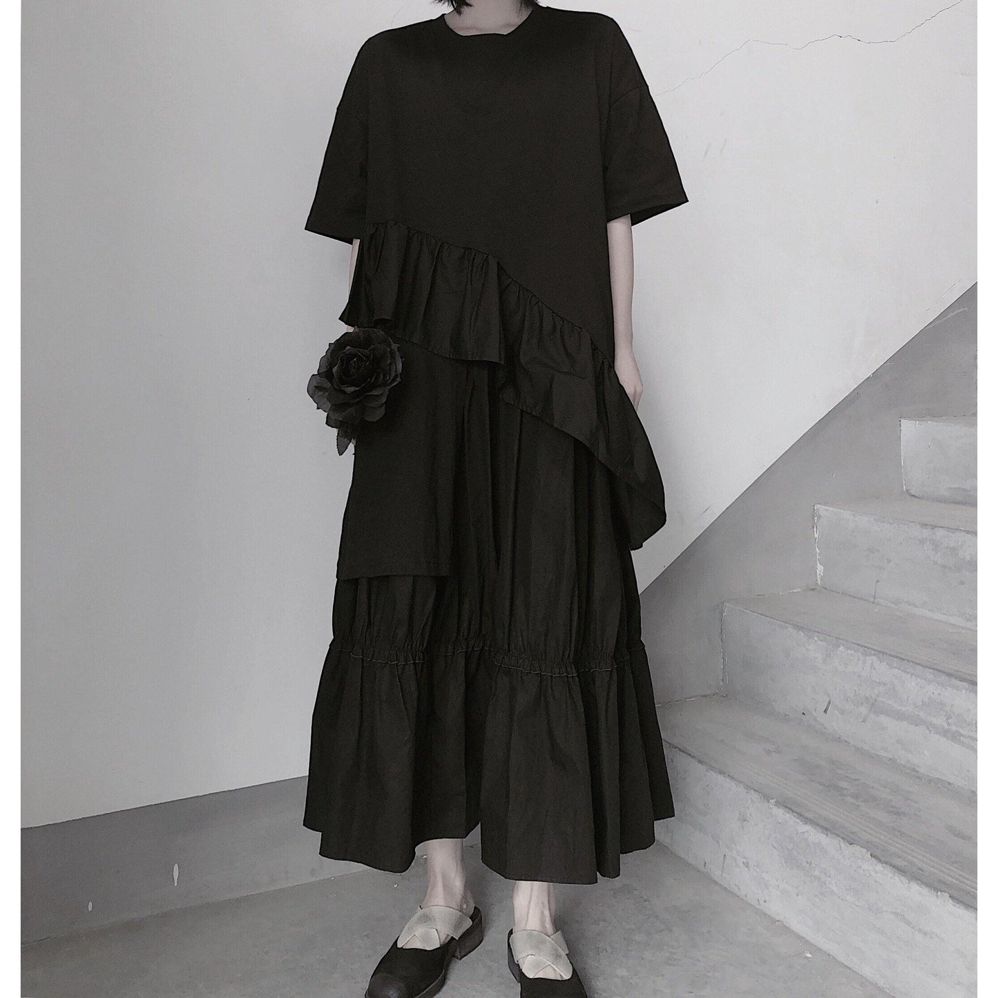 Italian O Neck Ruffles Asymmetric Tunic Top Fashion Ideas Black Blouses - SooLinen